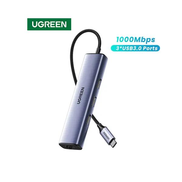 CM475-60600-600x600-1.webp UGREEN 60600 USB-C to 3×USB3.0 Hub with RJ45 Gigabit Ethernet Adapter (Space Gray) - Image 1